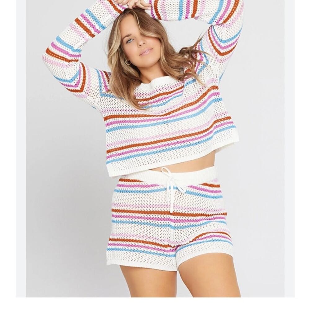 L*Space On The Horizon Crochet Knit Shorts Cover Up Sz XL Cream Pink Blue Red